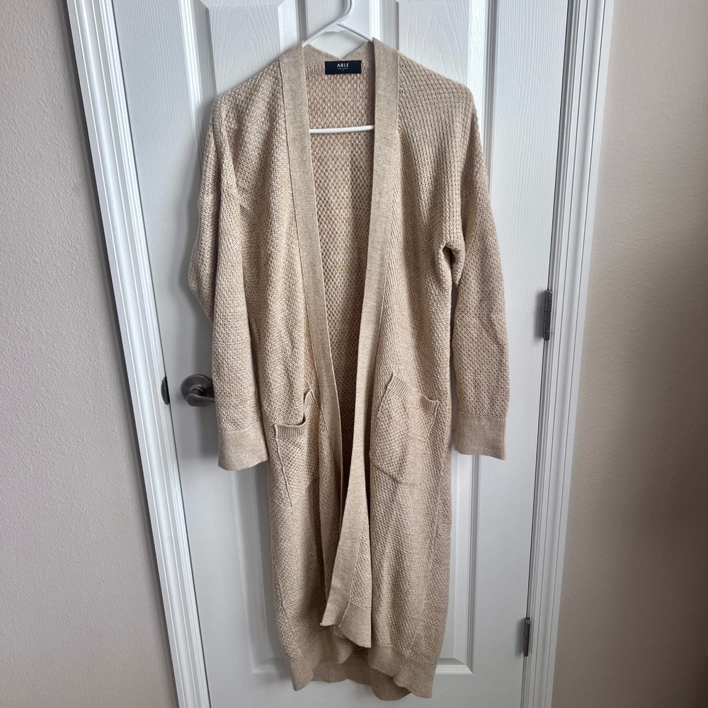 ABLE‎ Long Knit Cardigan Open Front Pockets Tan Beige Women's M Organic Cotton